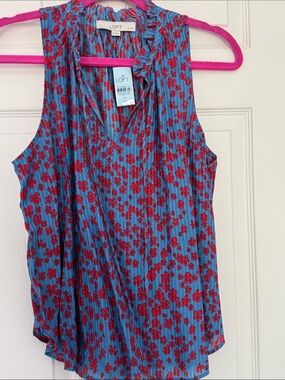 LOFT Blue and Red Floral V-Neck Sleeveless Top